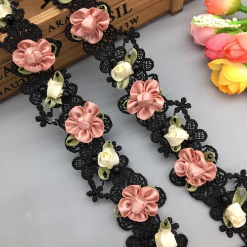1 yard Black 3D Flower Pearl Beaded Embroidered Lace Trim Ribbon African Fabric Handmade Wedding Dress Clothes DIY Sewing Craft