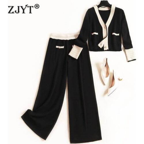 Europe Fashion Runway Women Suit 2020 New Designers Autumn Winter Color Block Knit Cardigan Sweater and Pants 2Piece Sets