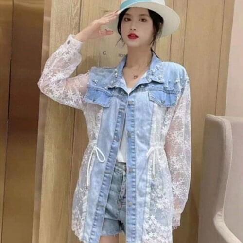 2021 Fashion Summer New Heavy Industry Nail Bead Cowboy Splicing Lace Hook Flower Sunscreen Jacket Womens Clothing Lace Up Top