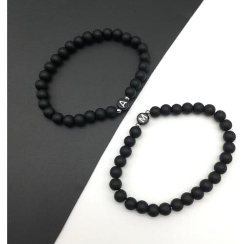 Fashion Couple Bracelets 6MM Matte Black Stone Beaded Bracelet for Men and Women A-Z 26 Letters Bracelet Handmade Lover' Jewelry
