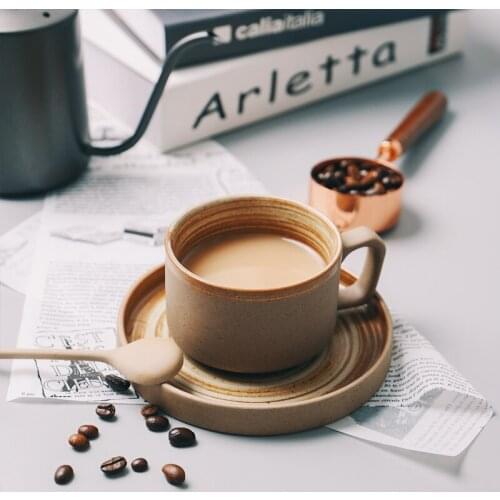 Retro Pottery Coffee Cup and Dish Set Creative Flower Cup Old Art Cup Dish Water Cup Milk Breakfast Cup