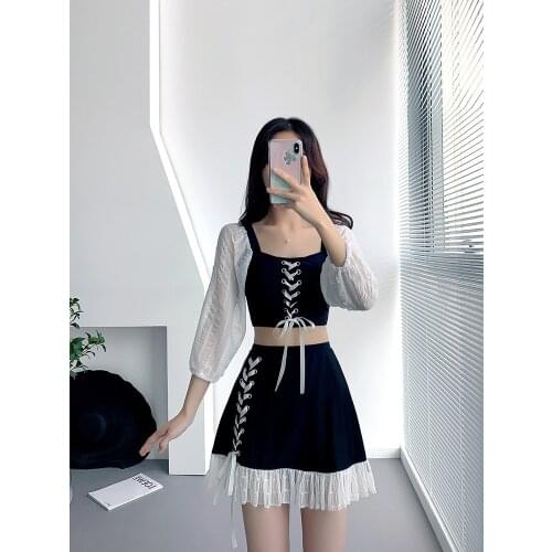 2021 New Korean Womens Swimsuits Two Piece Swimsuit Women Bathing Suits Long Sleeve Swimwear Female Two-piece Swimskirt