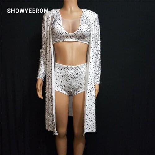 Fashion Women singer rhinestone Coat female singer DJ stage show White suit Jacket cloak strap ds Performance costume