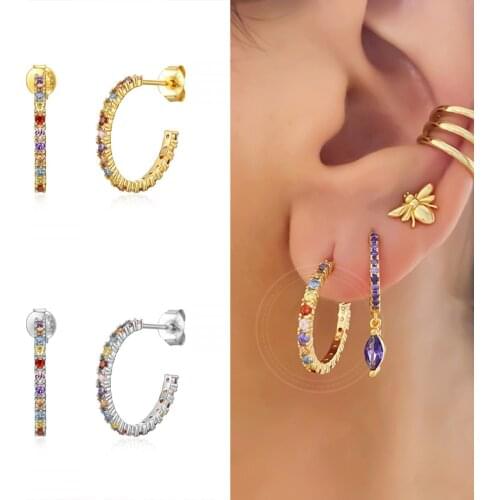 925 Silver Ear Needle Statement Earring Rainbow Crystal Geometric C -Shaped Stud Earrings For Women Lovers' Anniversary Gift