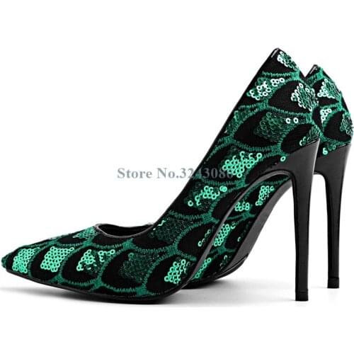 Bling Bling Paillette Thin High Heel Pumps Pointed Toe Scales Shape Stiletto Heels Pumps Shining Sequined Banquet Women Shoes