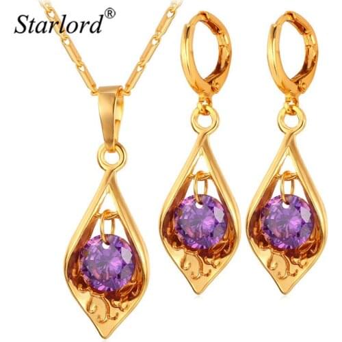 Starlord Brand Vintage Earrings & Necklace Women Necklace Fashion Jewelry Gold Color Purple Crystal Jewelry Set PE923