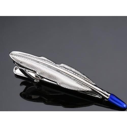High quality novelty Men Silvery blue feathers Tie Clip Clamp Metal Necktie Bar Clasp Neck Tie Pin Wedding Business Favor Gifts