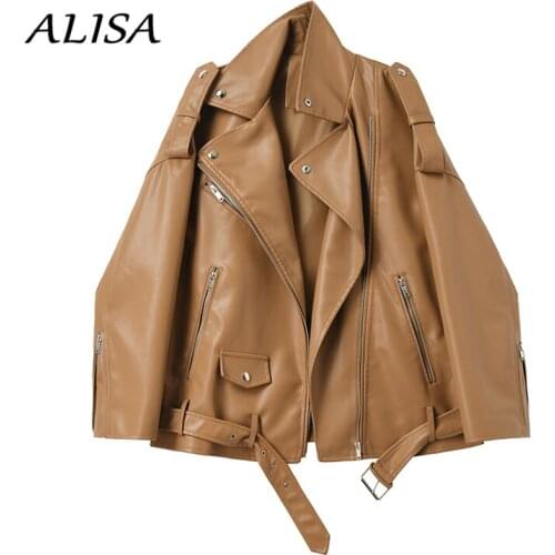 Woman Biker Motorcycles Brown Leather Jacket Autumn Fashion Drop-shoulder Loose Oversize Leather Coats Ladies Punk Outwear