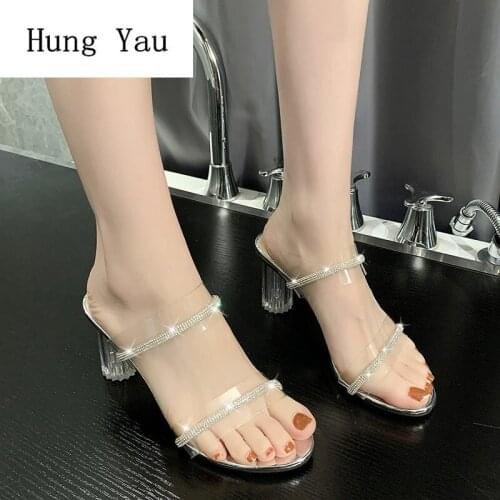 Woman Sandals Shoes Slippers Summer Fashion Crystal Pumps High Heels Thick Transparent Peep Toe Gladiator Plus Size 34-42