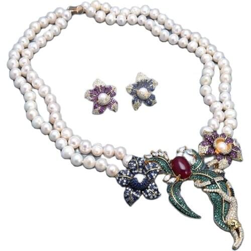 GG Jewelry 2 Rows White Freshwater Pearl Necklace CZ Pave Animal Flower Monkey Gold Color Plated Pendant Earrings Sets For Women