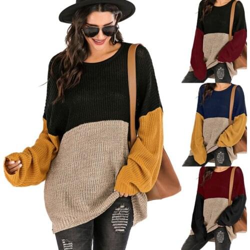 Женские Cвитера Woman Sweaters Femme Chandails Mujer Suéteres Patchwork Sweater O-Neck Loose Streetwear Pull Femme Hiver Jersey