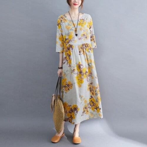 2021 New Arrival Three Quarter Sleeve Summer Autumn Dress Print Floral Cotton Linen Loose Vintage Dress Women Casual Long Dress