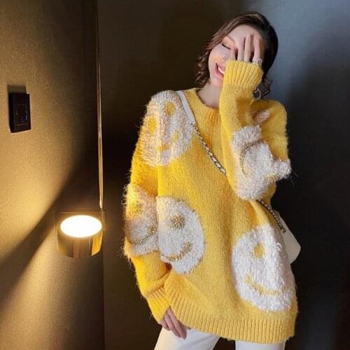 Winter Cartoon Smell Loose Diamond Sweater for Women Yellow Thicken Pullover