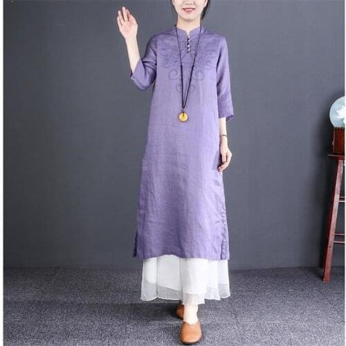 2021 chinese cotton and linen mandarin collar dress improved cheongsam medium sleeve breathable fabric tang suit oriental dress