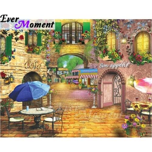 Ever Moment Diamond Painting 5D DIY Street Cafe Landscape Full Square Drill Picture Of Rhinestone Diamond Embroidery ASF1754