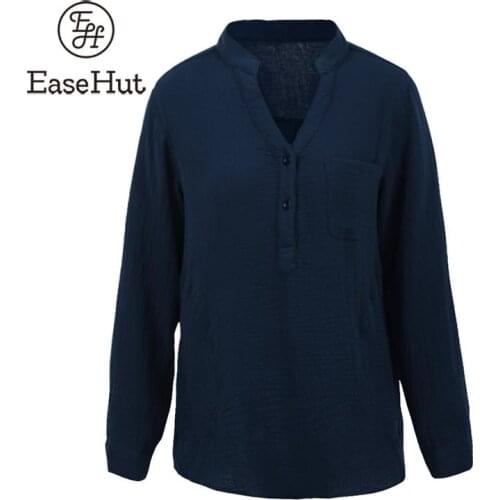 EaseHut New Casual Women Loose Blouse Cotton Linen V Neck Long Sleeve Pockets Plus Size 5XL Casual Tops Women Spring Summer