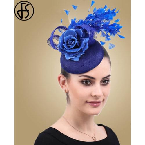 FS Royal Blue Fedora Hats For Women Fascinators Hat Weddings With Feather Elegant Ladies Big Flower Derby Hats Church Tea Party