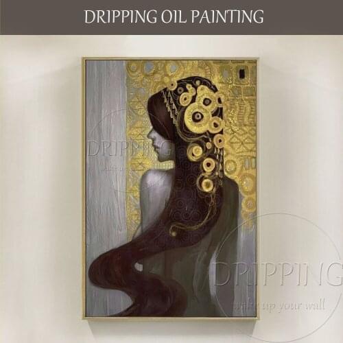 Artist Hand-painted High Quality Abstract Lady Oil Painting on Canvas Beauty Lady with Long Hair and Golden Headdress Painting