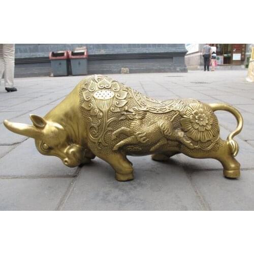China Feng Shui Pure Copper lotus Dragon kylin OX Bull Attract Wealth Statue