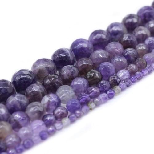 Wholesale Natural Stone Faceted Purple Amethysts Quartz Round Loose Beads 15" Strand 4 6 8 10 12MM For Jewelry Making