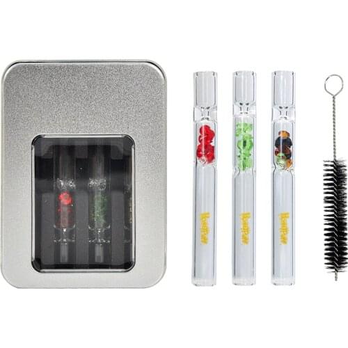 HONEY PUFF Smoking Kits 3pcs Glass One Hitter Tobacco Smoking Pipe + Metal Storage Box Case + Small Brush Pipe Cleaner Tool