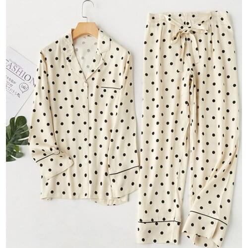 Couple Sleepwear Cotton Viscose Yellow Bottom Polka Dots Printed Women Pajamas Suit Casual Home Clothes Couple Pajamas Set