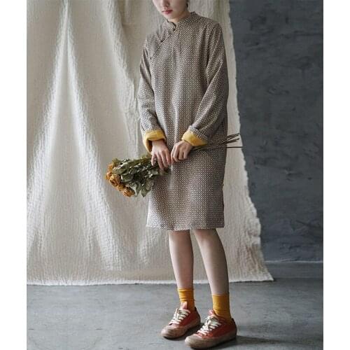 SCUWLINEN 2020 Women Spring New Dress Vintage Print Corduroy Double Layer Long Cotton Dresses Retro Improved Cheongsam P194