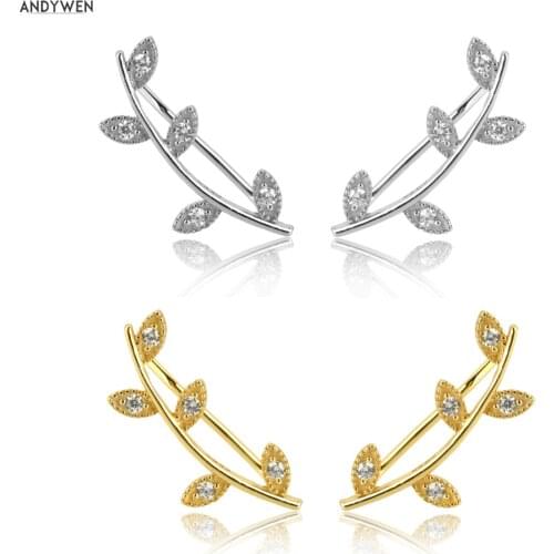 ANDYWEN 925 Sterling Silver Leaves Zircon Pave Climer Ear Cuff Thread Earring 2020 Rock Punk Thin Women Crystal Jewelry European
