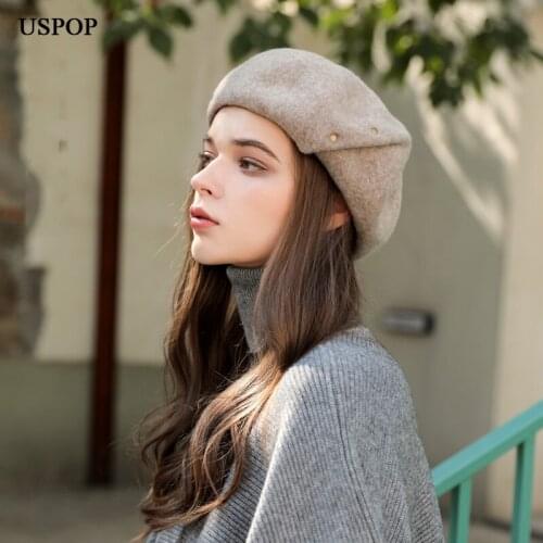USPOP Winter Hats Women 100% Wool Berets Solid color Hat Thick Warm Wool Hat