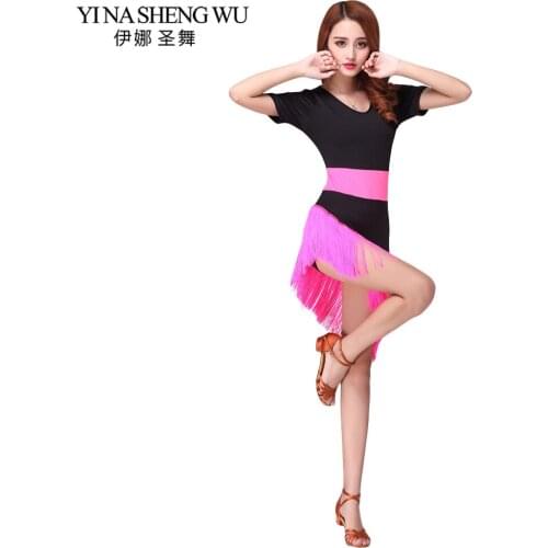 Latin Dance Tassel Skirt New Latin Dance Practice Stage Clothes Milk Fiber Short-sleeved Tassel Dance Dress Adult Women 3 Colors