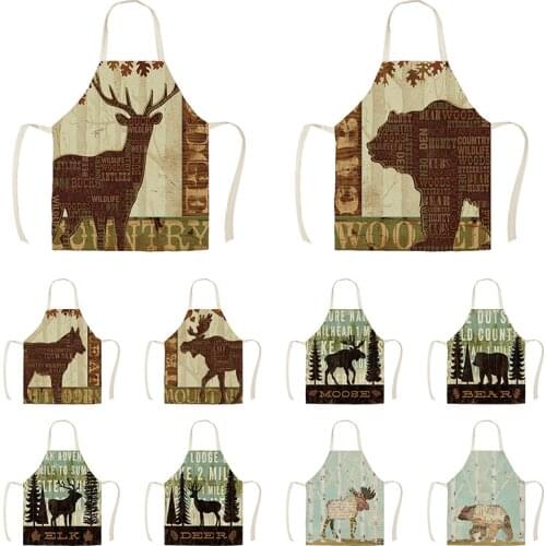 Animals Series Background Deer Elk Bear Kitchen Aprons Unisex Dinner Party Cooking Bib Funny Pinafore Cleaning Apron WQF560