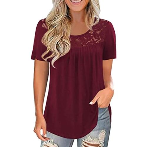 Vintage Purple Top T-shirt Women Female Casual Loose Lace Tops Solid Color Short Sleeve Blusas Tshirts Female Tunics