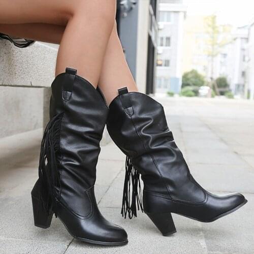 Women Boots Plus Size Fashion Winter PU Leather Fringe Tassel Mid-Up Boots Solid Color Square Heel Zipper Boots Botas Femininas