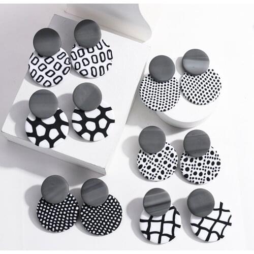 AENSOA Round Black White Print Dots Polymer Clay Drop Earrings For Women 2021 Trendy Retro Geometric Earring Pendant Jewelry