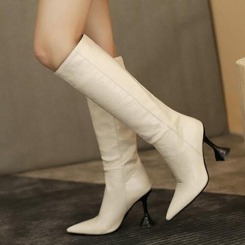 Crocodile Pattern PU Womens Boots Wineglass Pointed Toe Knee High Boots Autumn Winter High Heel Women Shoes Loose Western Boots