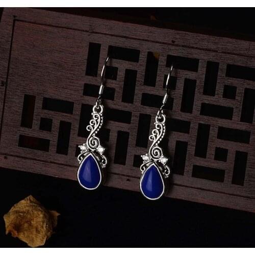 Boho Blue Stone Women Small Dangle Earrings Water Drop Earring Vintage Indian Jewelry Trendy Antique Silver Color 2019 DBE040