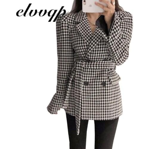 2021 New Spring Autumn Women Jacket Woolen Pocket Checkered Puff Sleeve Houndstooth Blazers Lace Up Wild Elegant Tops Winter