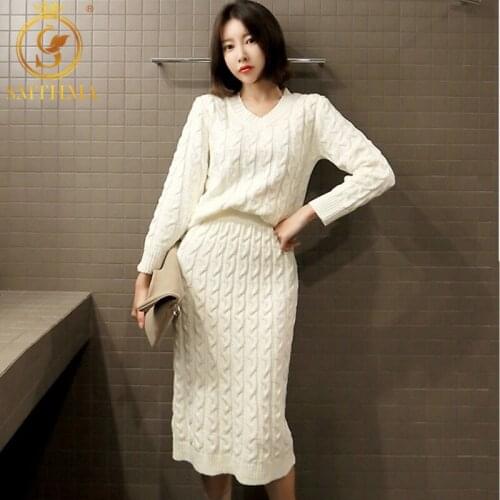 SMTHMA Sexy V-Neck Thick Needle Thick Line Woolen Fashion OL Sweater 2pcs Set Women Graceful Long-Sleeved Knitting Skirt Suits
