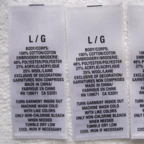 3000PCS , 2.5 * 5.7 cm Custom printed clothes white care label clothing satin washing tags