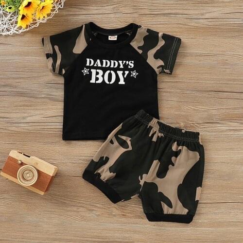 40# Clothing For Boys Girl Kid Short Sleeve Letter Camouflage Printed Tops T Shirt+shorts Outfits Set Childrens Clothing Одежда