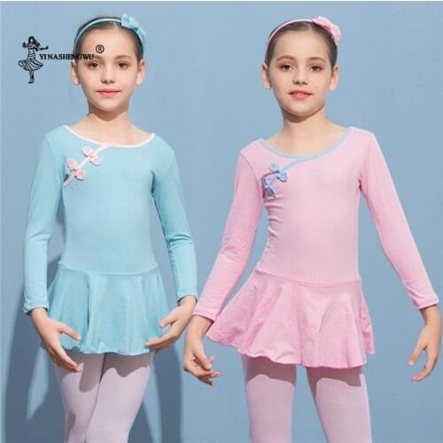 Ballet Dress Gymnastics Leotards for Girls Kids Chinese Style Retro Disc Button Long Sleeve Split Lotus Leaf Skirt Leotard