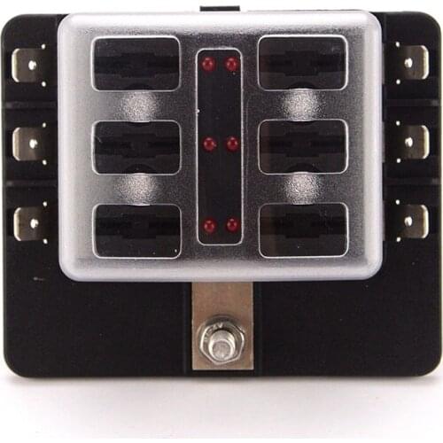 6-Way Blade Fuse Box with LED Indicator M5 Stud Fuse Block for Automotive with fuse and spade terminals and wiring kits