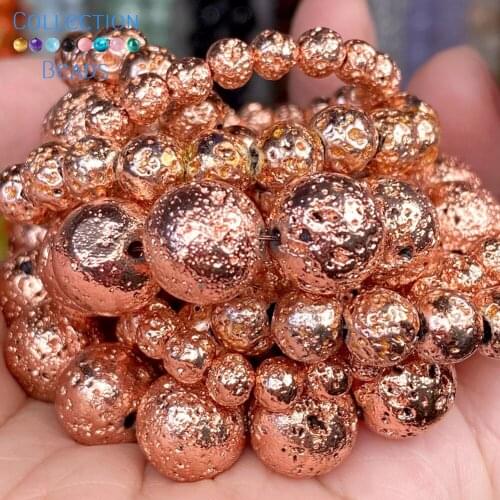 4-10mm Natural Stone Beads Rose Gold Plated Lava Hematite Stone Loose Round Beads For Jewelry Accessories Making Bracelet 15