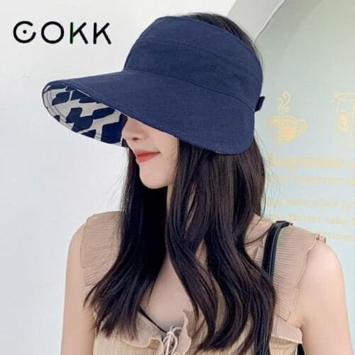 COKK Summer Hats For Women Empty Top Sun Protection Sunscreen Beach Hat Large Brim Folding Double Sided Sunhat Korean New Casual
