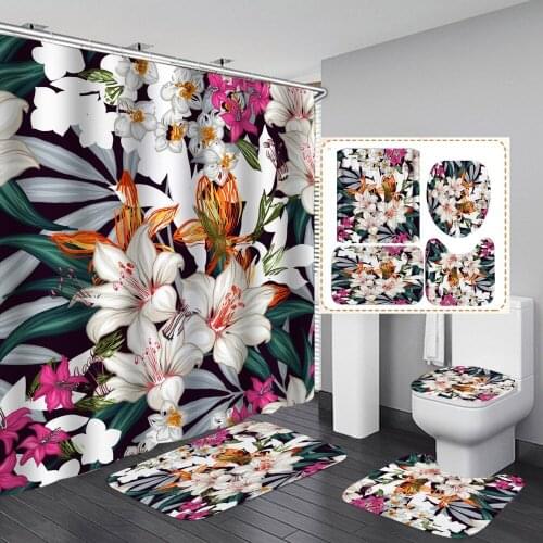 Colorful Lily Shower Curtain Flower Tropicl Ins With Non Slip Rug Mat Bathroom Curtain Waterproof Polyester Home Decor 180x180