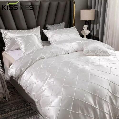 Imitation Silk Home Bedding,Duvet Cover Set(Quilt Cover + Pillowcases), Plaid Silver Colors,7 Sizes, Nordic Style