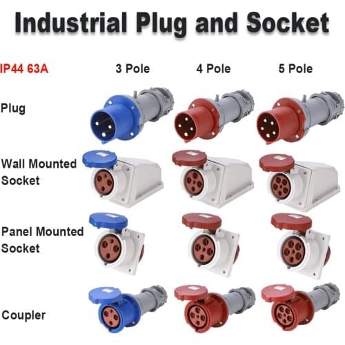 IP44 63A Waterproof Industrial Plug and Socket,220/380V 3 Pole 4 Pole 5 Pole,Wall Mounted Socket,Panel Mounted Socket,Coupler