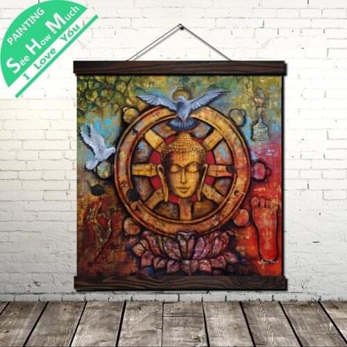 Peaceful Buddha Photo Scroll Painting Canvas Vintage Poster and Prints Wall Art Picture Living Room Bedroom Farmhouse Decoration