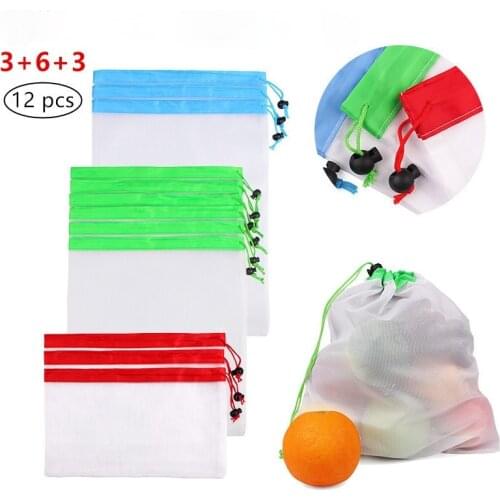 12 Pieces of Reusable Food Bags Fruit and Vegetable Mesh Bags Eco-friendly Polyester Rope Bundle Pocket Kitchen Storage Bags