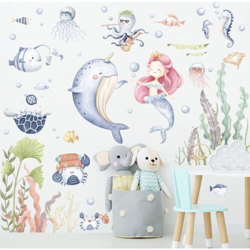 Cartoon Mermaid Vinly Wall Stickers Kids Room Decor Aesthetic Wallstickers Art Bedroom Bathroom Nursery Pegatinas De Pared Mural